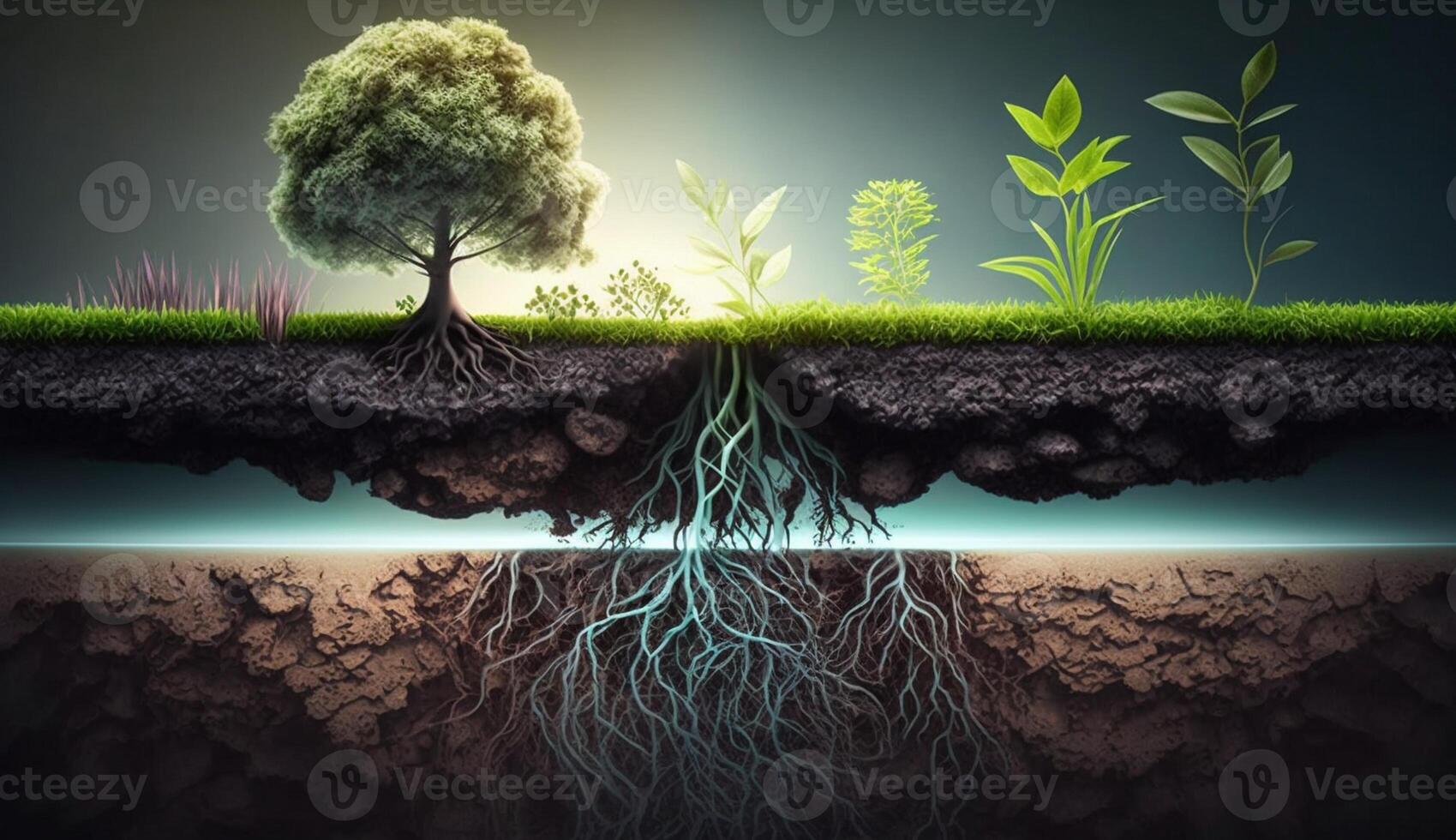 plantas creciente en el superficie y raíces subterráneo, tierra sección concepto, generativo ai ilustración foto