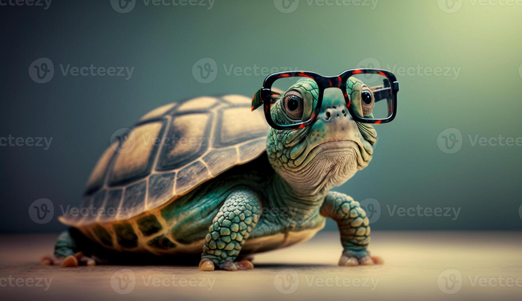 Cute little green turtle with glasses in front of studio background. photo