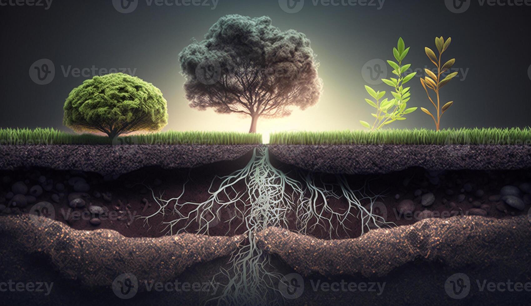 Plants growing on the surface and roots underground, earth section concept, illustration photo