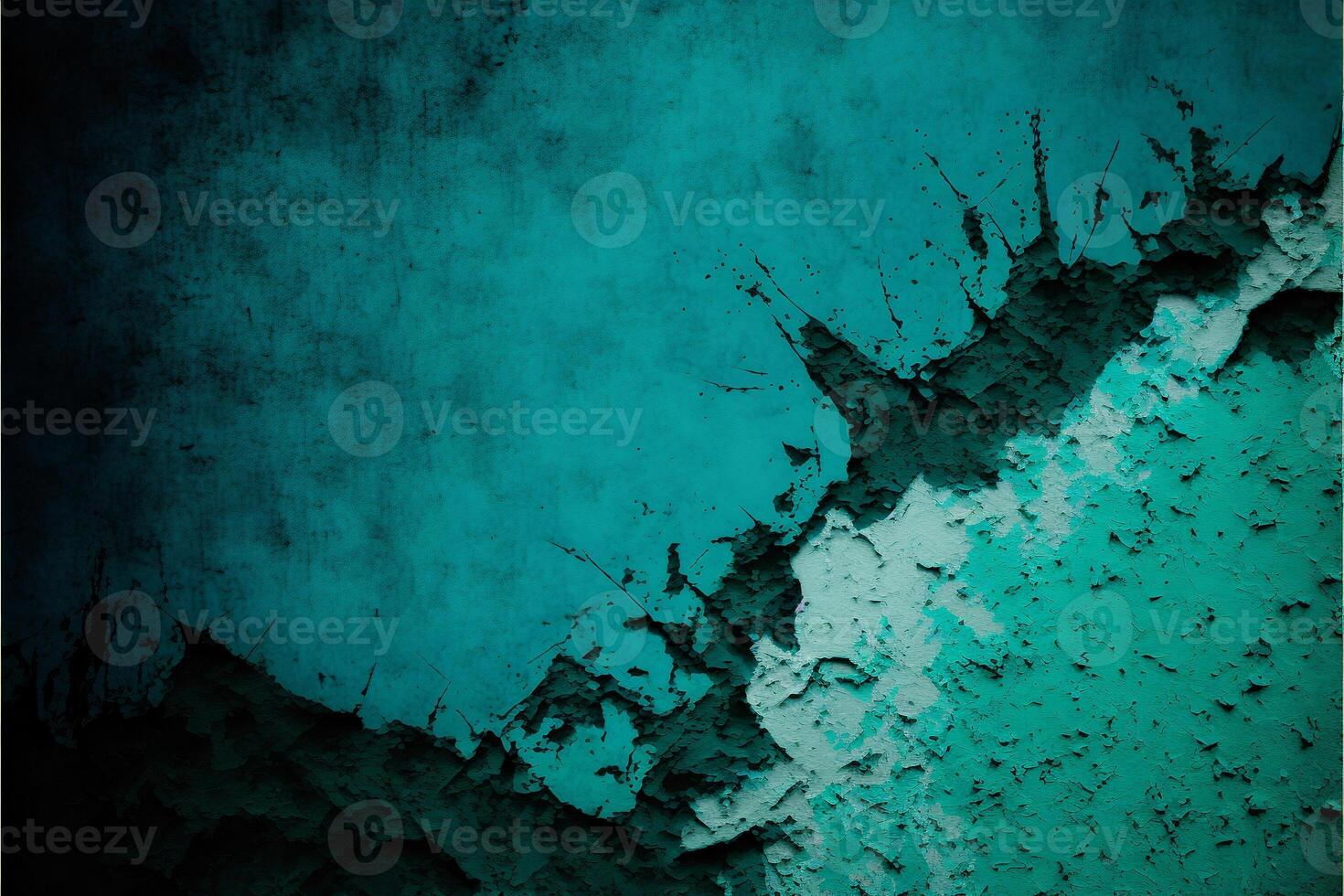 Broken wall with peeling teal paint. Abstract background in grunge style. illustration. photo