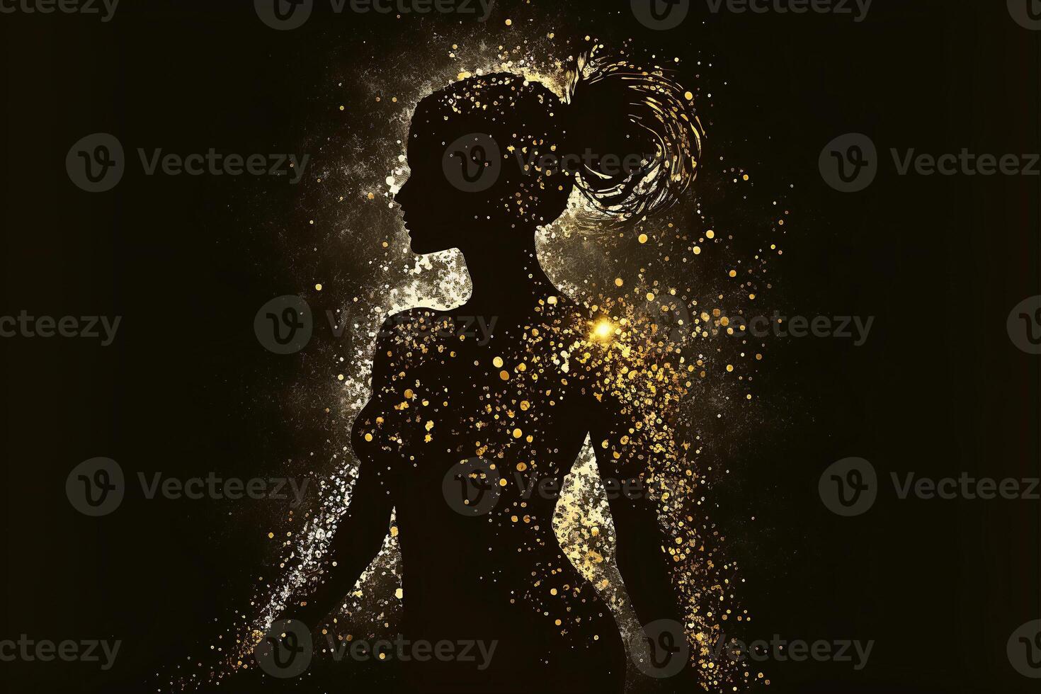 A silhouette of a beautiful girl drawn in glittering gold dust on a black background. illustration. photo