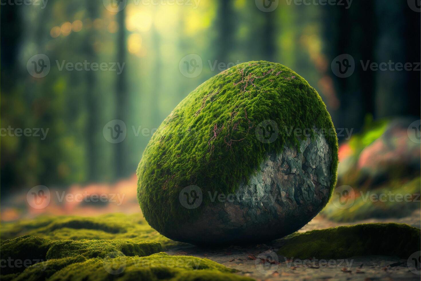 A large moss-covered rock on a blurred background of the forest. illustration. photo