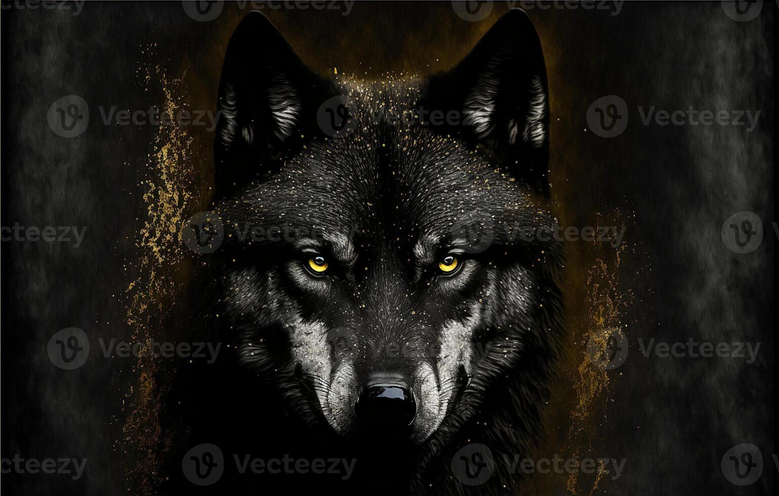 A black wolf staring out of the darkness with haze and golden sparks. illustration. photo