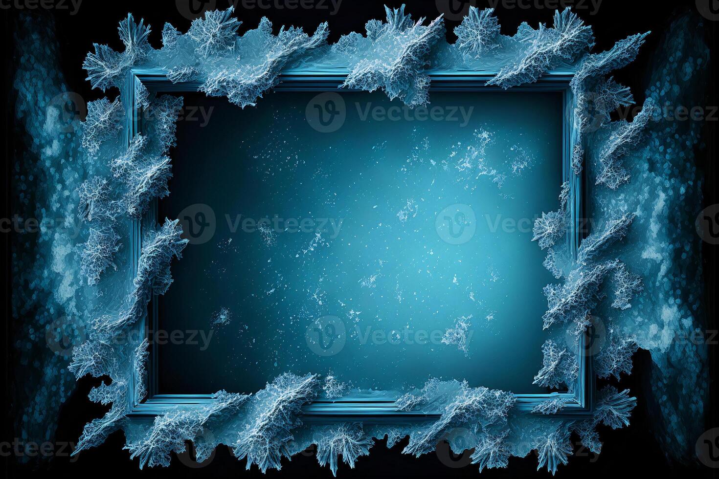 The wooden frame, frosted with beautiful patterns of ice. Winter abstraction, illustration. photo