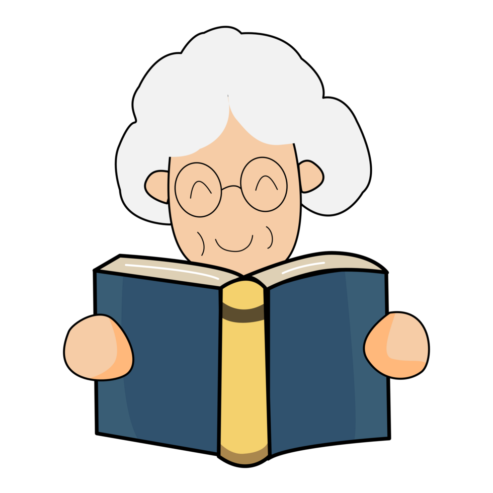 Old woman  holding open books and reading. png