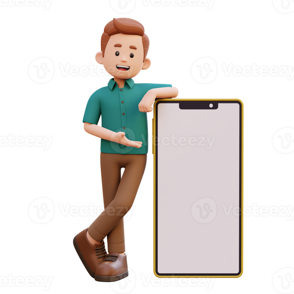 3d male character laying and presenting on a big smart phone with empty screen png