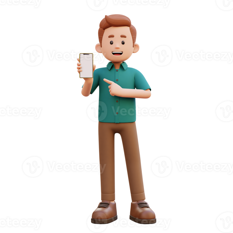 3d male character holding and pointing to a smart phone with empty screen png