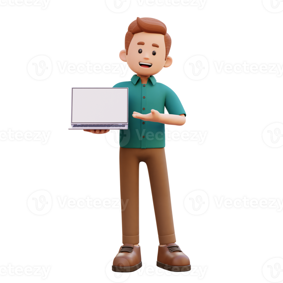 3d male character holding and presenting to a laptop with empty screen png