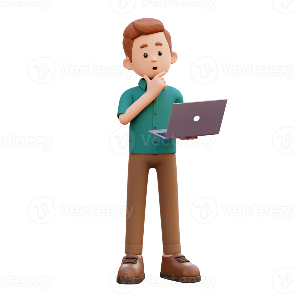 3d male character thinking and working on a laptop png