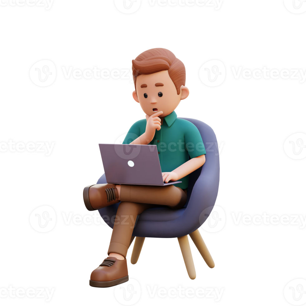 3d male character sitting on a sofa and working on a laptop with thinking pose png