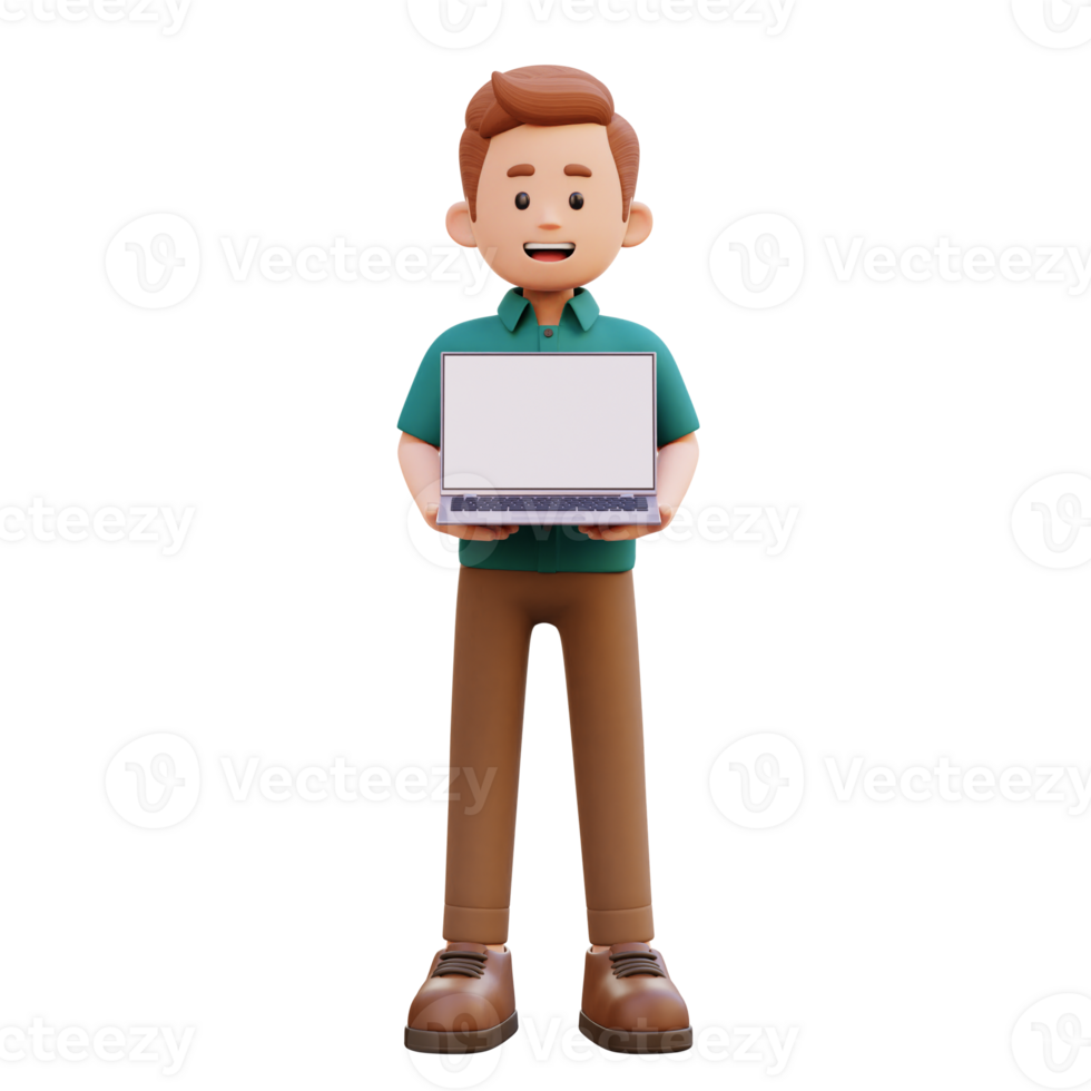 3d male character holding and presenting a laptop with empty screen png