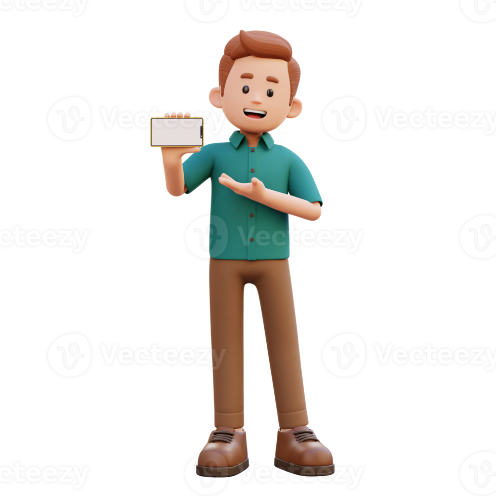 3d male character holding and presenting to a smart phone with empty screen in landscape png