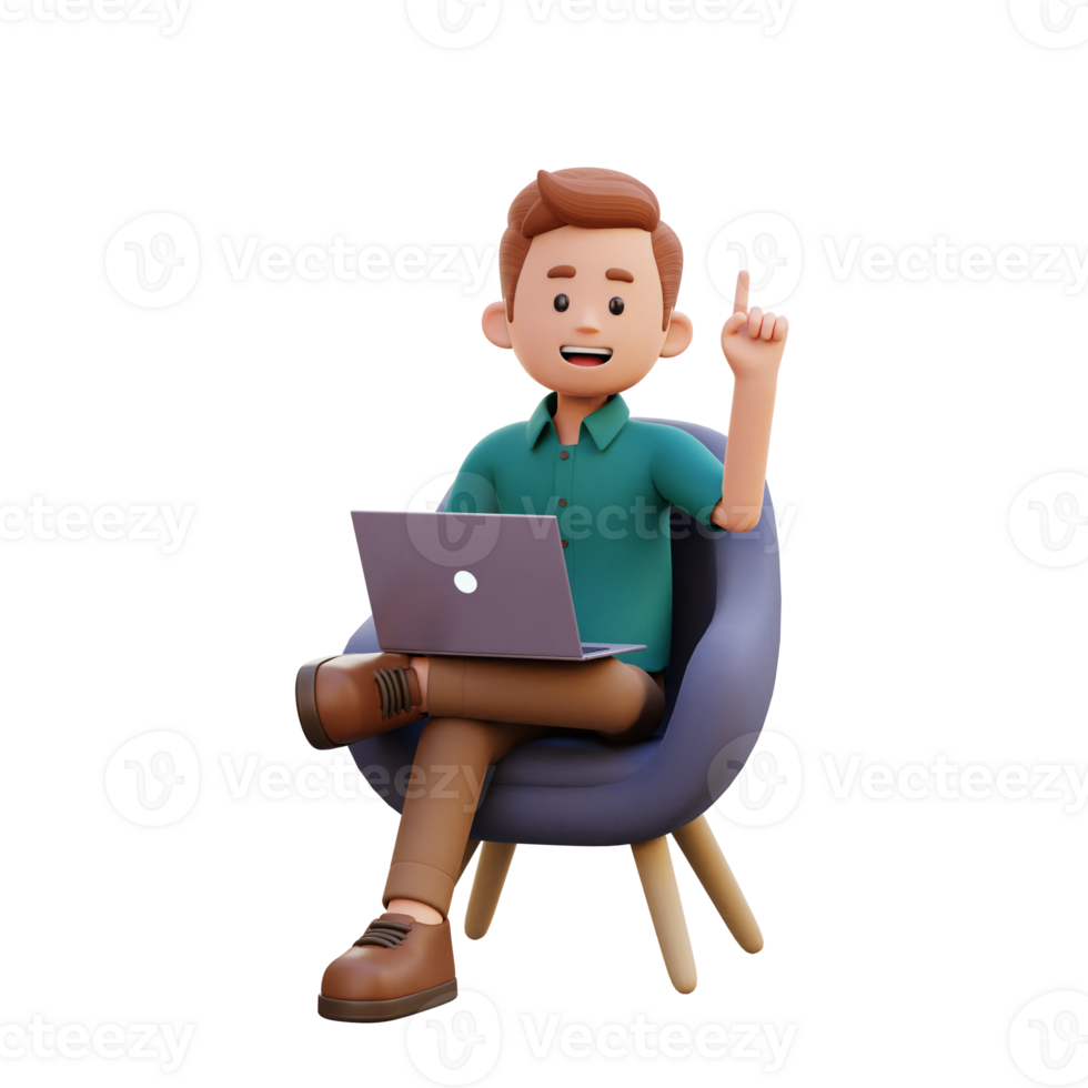 3d male character get an idea while sitting on a sofa and working on a laptop png