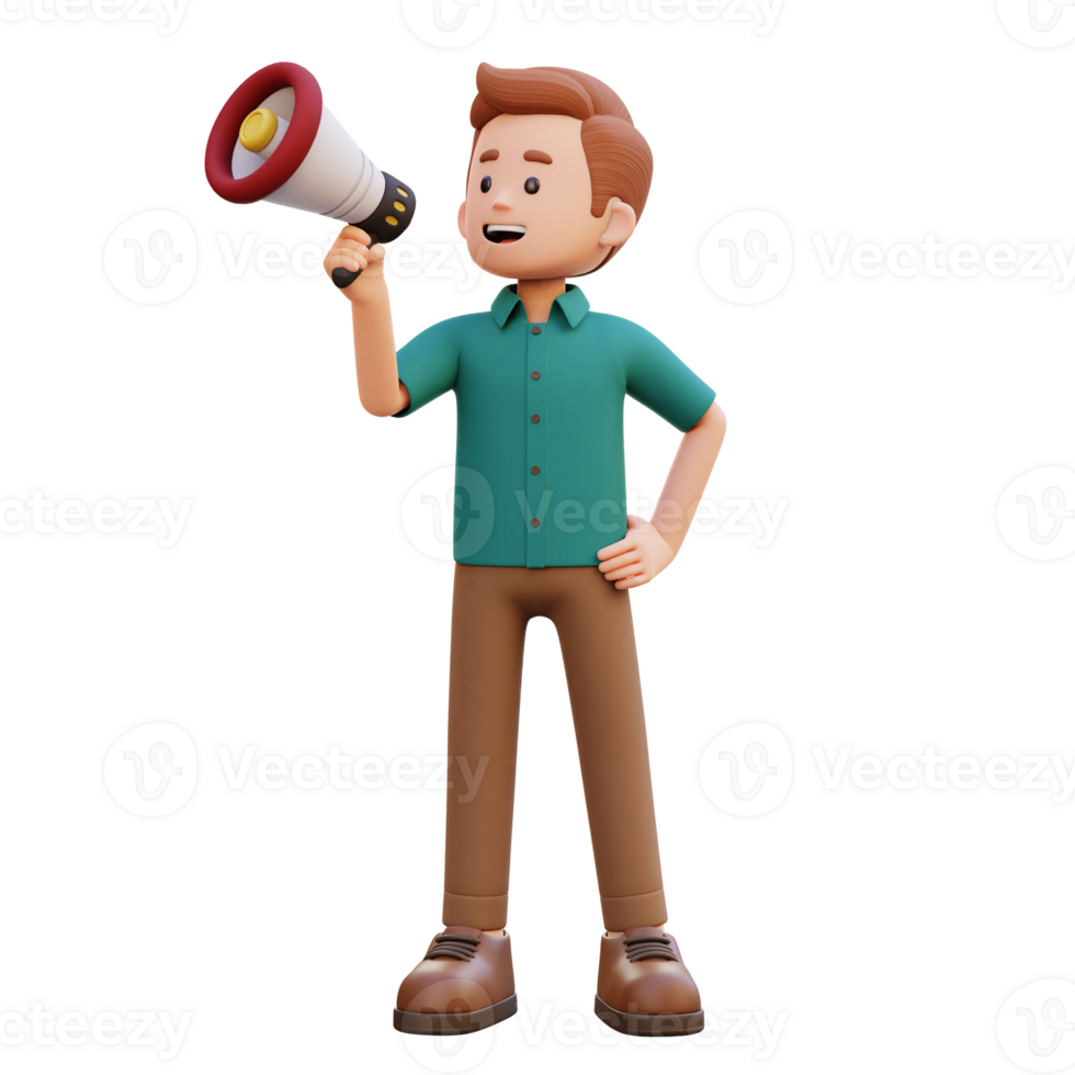 3d male character give announcement use megaphone png