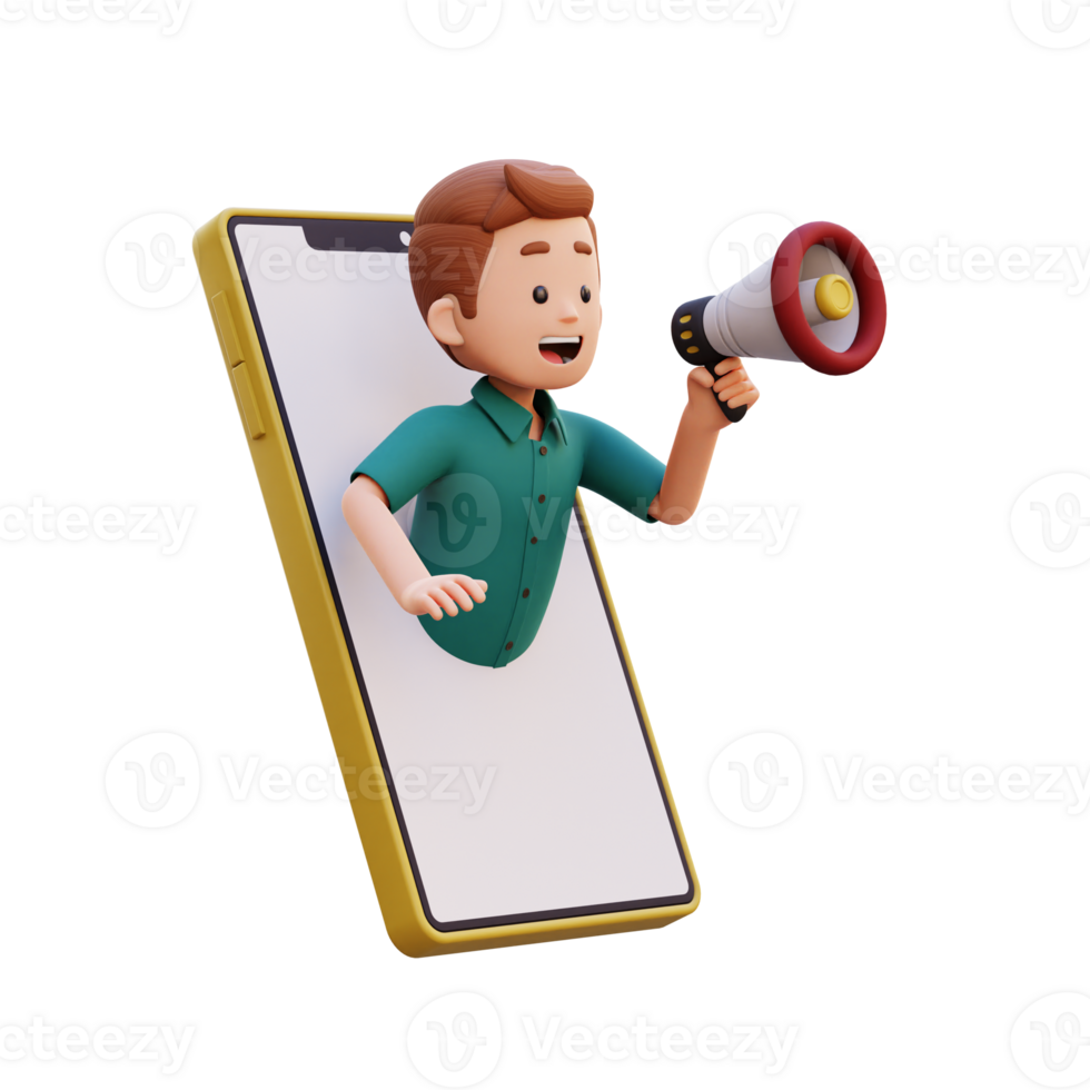 3d male character jumping out from smart phone screen and holding a megaphone png