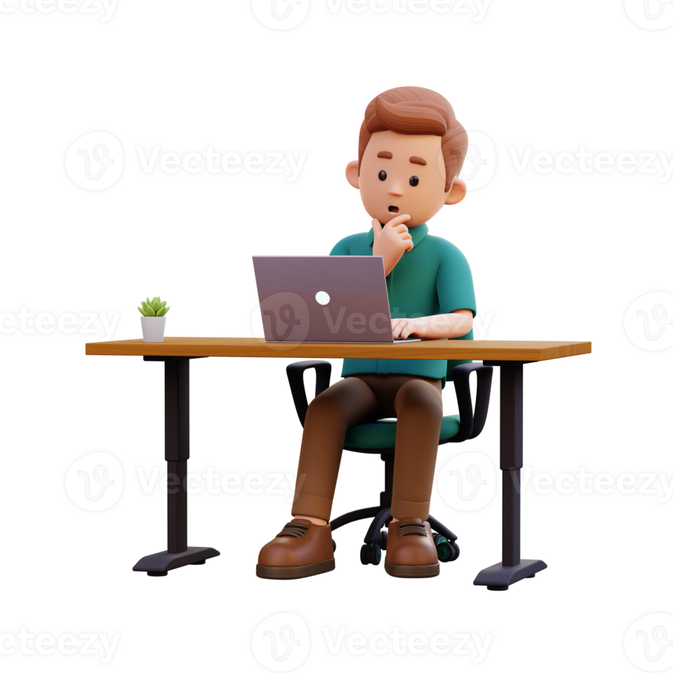 3d male character thinking and working on a laptop png