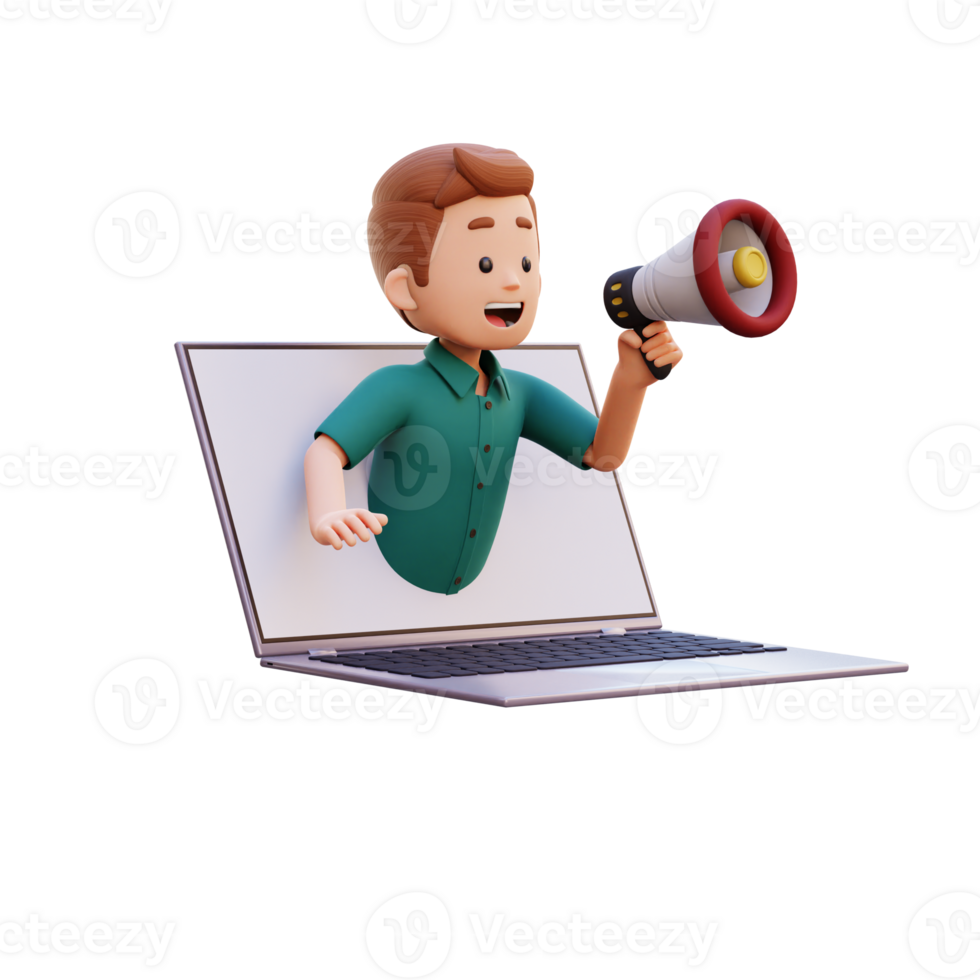 3d male character jumping out from computer screen and holding a megaphone png