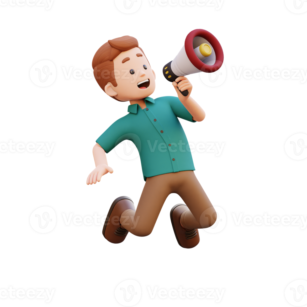 3d male character jumping and holding a megaphone png