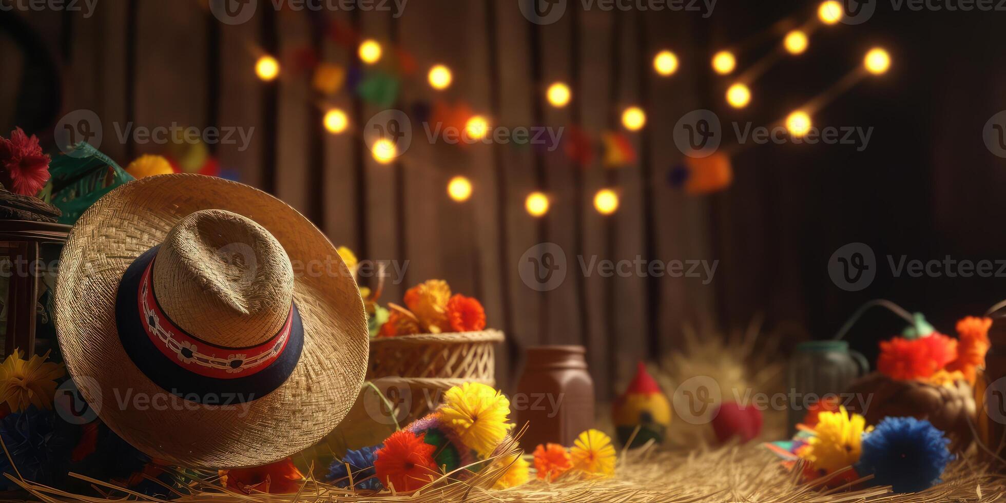 Paja sombrero festa junina fondo, brasileño fiesta y latín americano festival. generativo ai foto