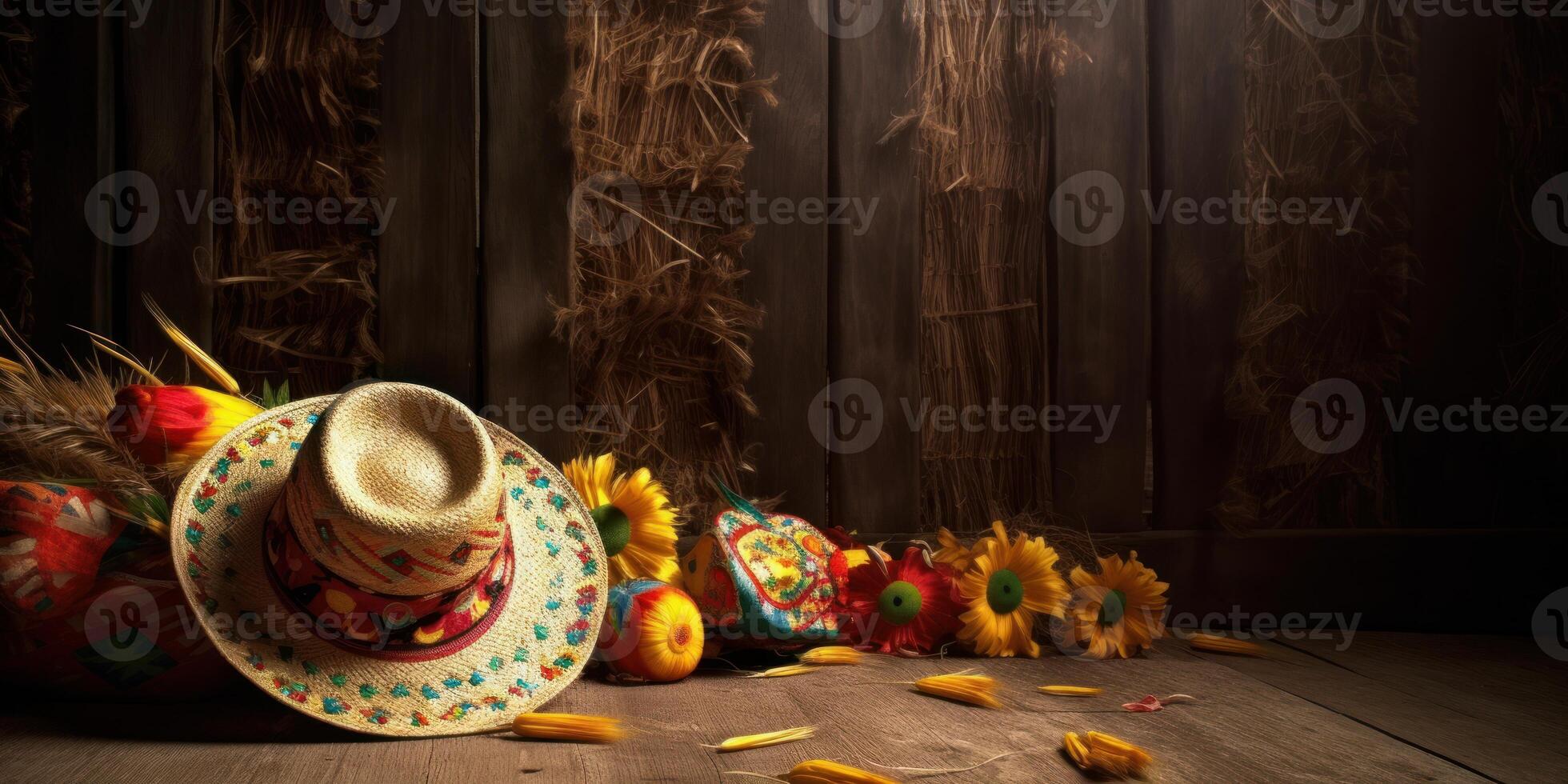 Paja sombrero festa junina fondo, brasileño fiesta y latín americano festival. generativo ai foto