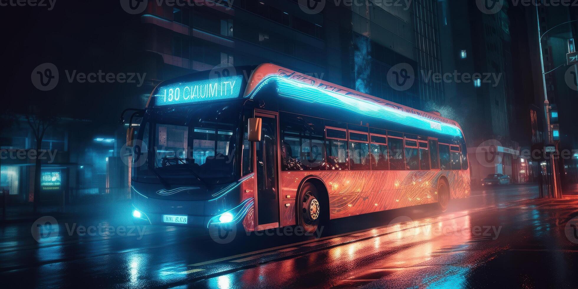 Bus driving on the road at night with glowing neon lights motion blur background. photo