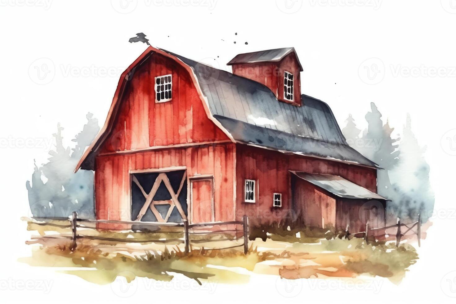 Red barn hand drawn watercolor illustration vintage style farm ranch countryside shed red wooden barn on white background countryside farm element. photo