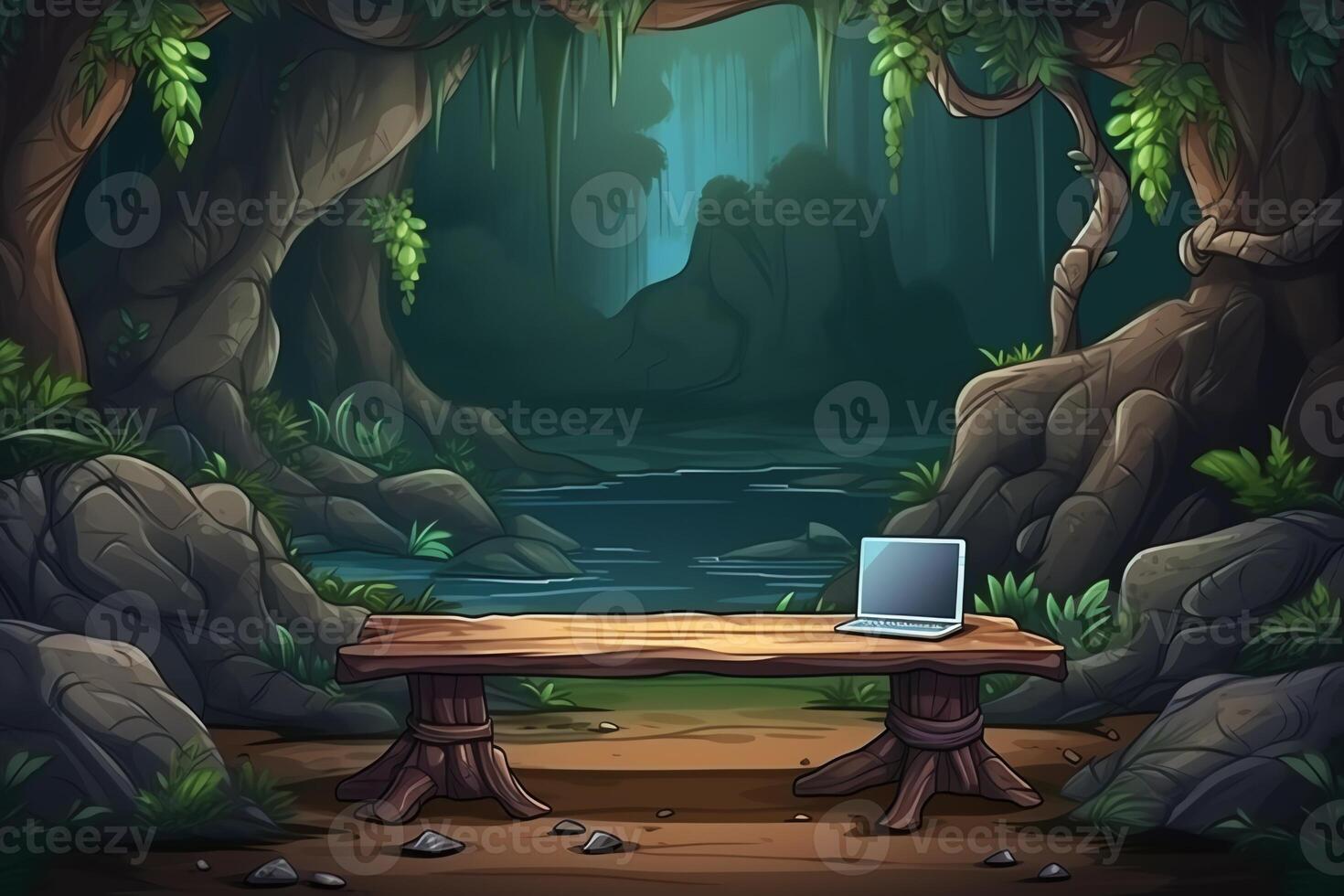 Jungle and stone table background technologies. photo