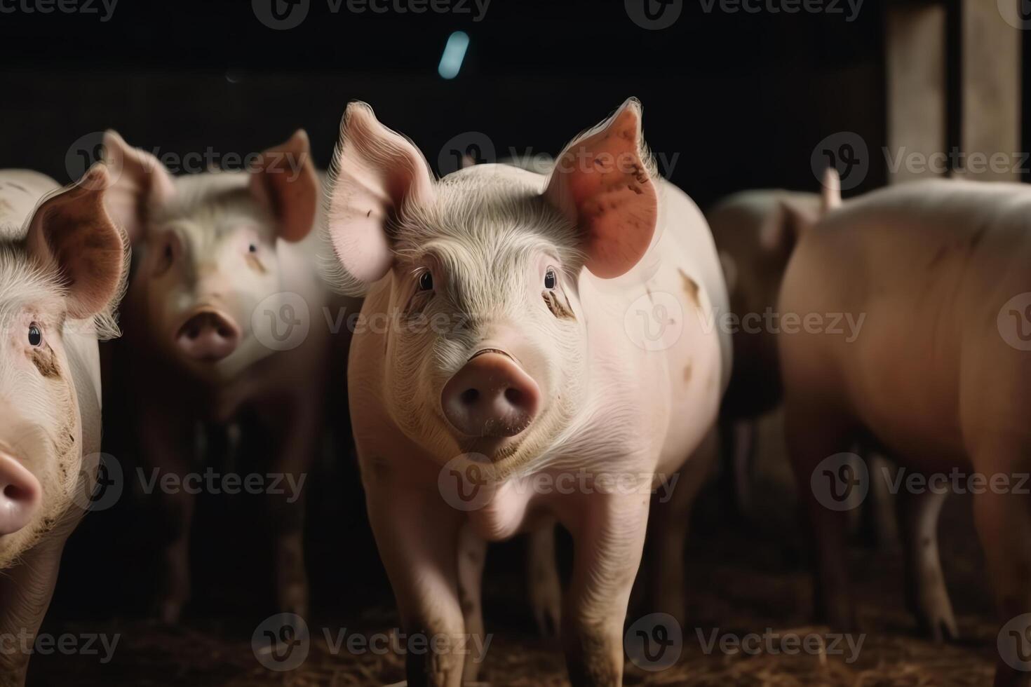 Several small and one large pig by barn at pig farm. photo