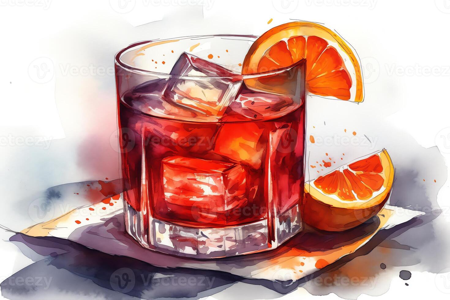 Watercolor illustration of a negroni cocktail drink flat illustration style. photo