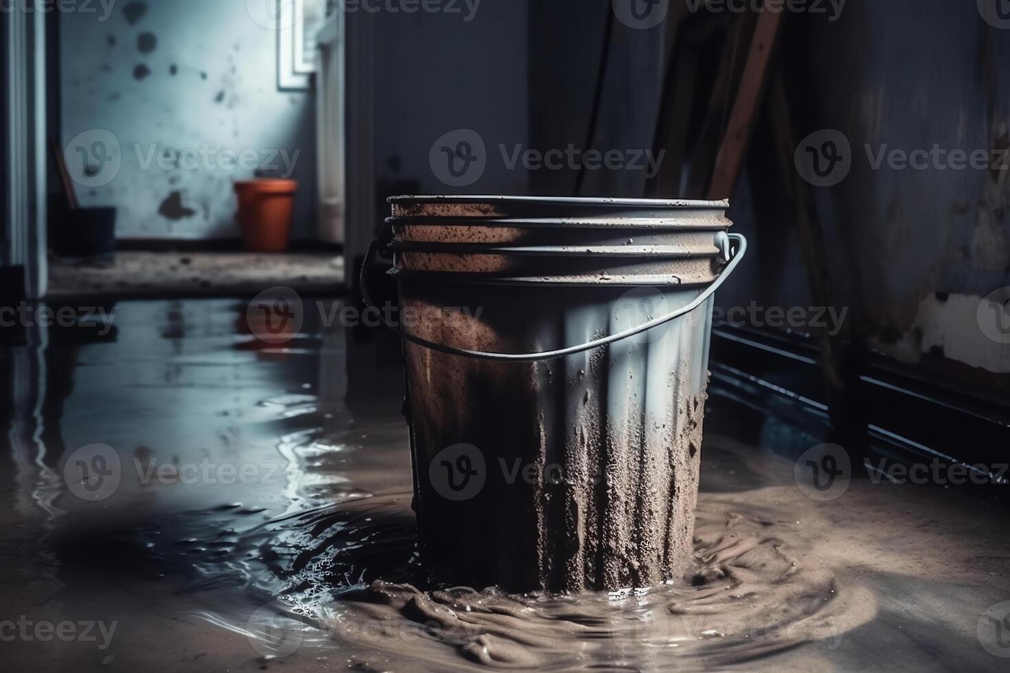 Cubeta con multitud en inundado sótano o eléctrico habitación limpieza arriba un montón de agua en piso desde múltiple fugas en pared y techo agua dañar desde lluvia deshielo o tubo explosión. ai generado foto