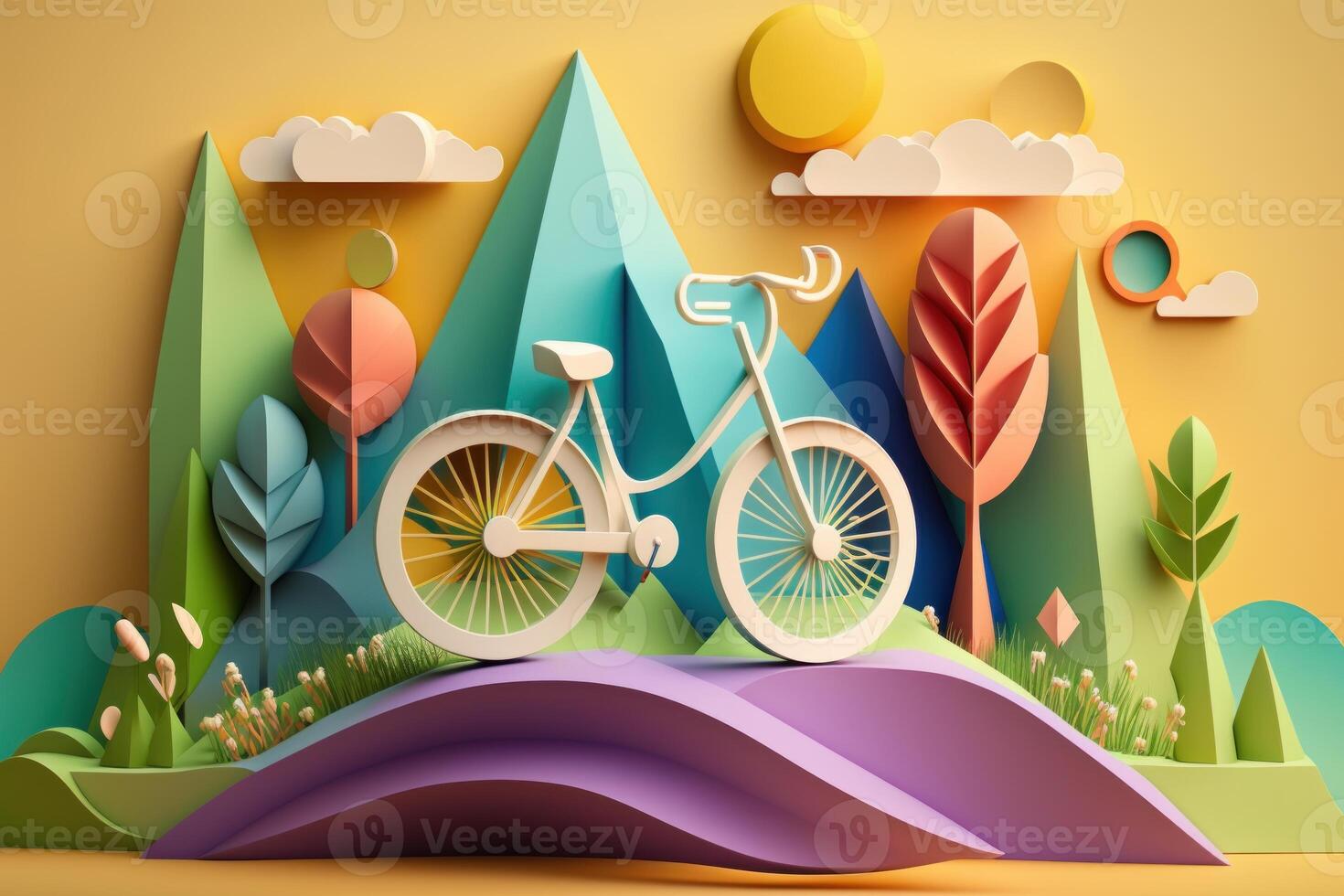 World bicycle day colorful background in paper cut style. Eco friendly bicycle concept. photo