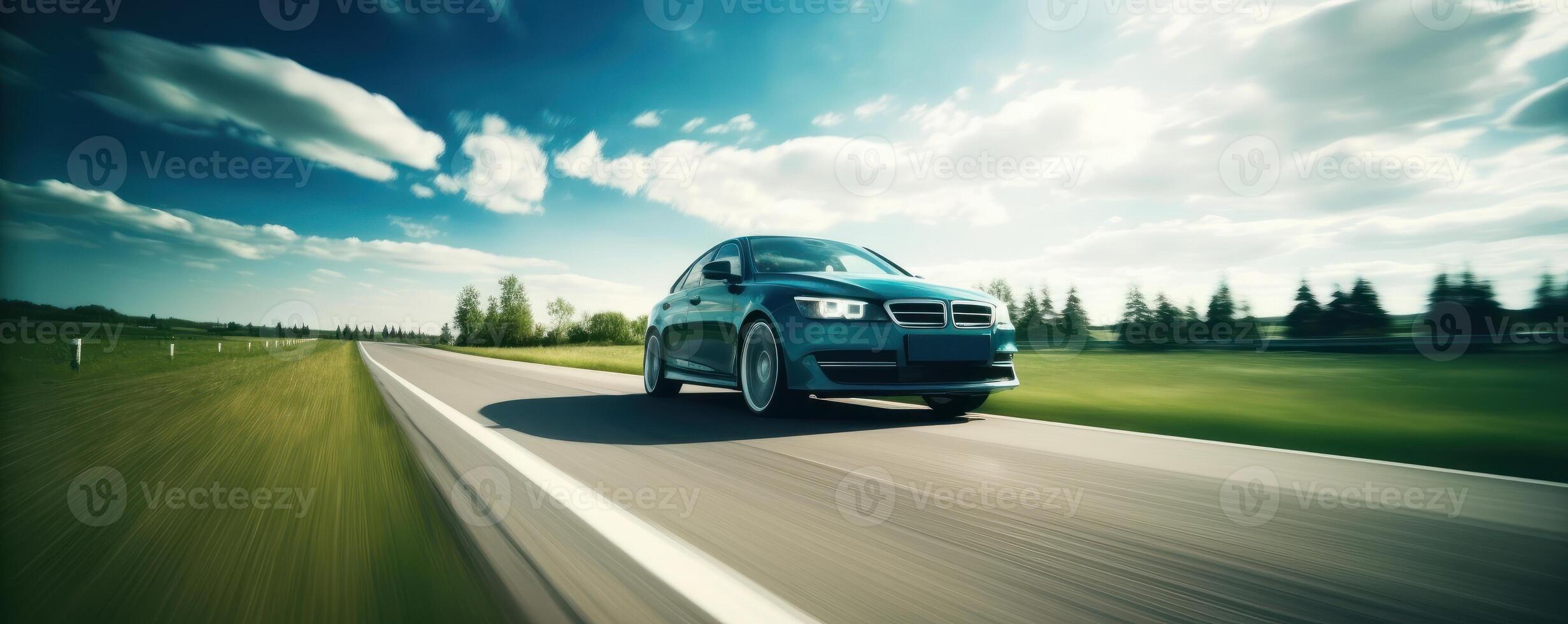 Electric Car driving on the road with green nature and blue sky motion blur background. photo
