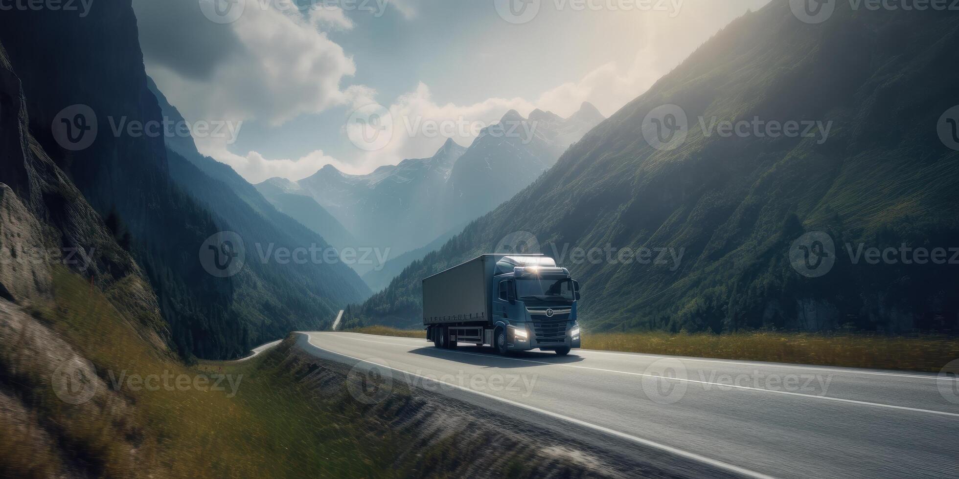 Truck driving on the road with beautiful landscape motion blur background. photo