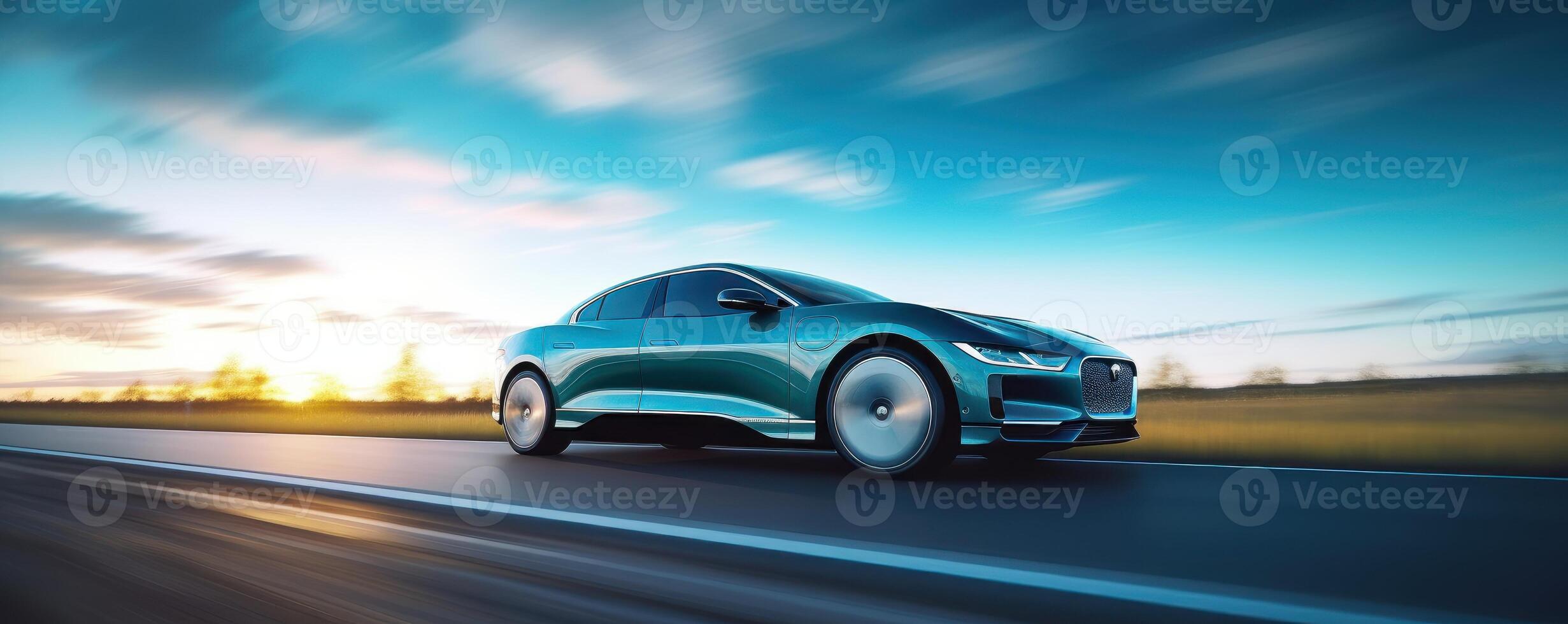 Electric Car driving on the road with green nature and blue sky motion blur background. photo