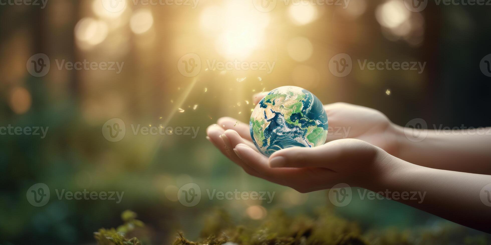 Hand holding earth on green background. World environment day and Earth day. photo