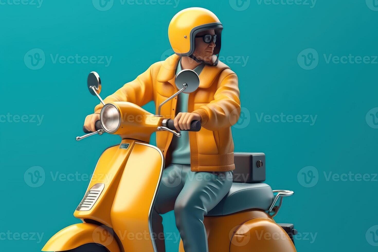 Delivery man ride scooter motorcycle for online delivery service on blue background. photo