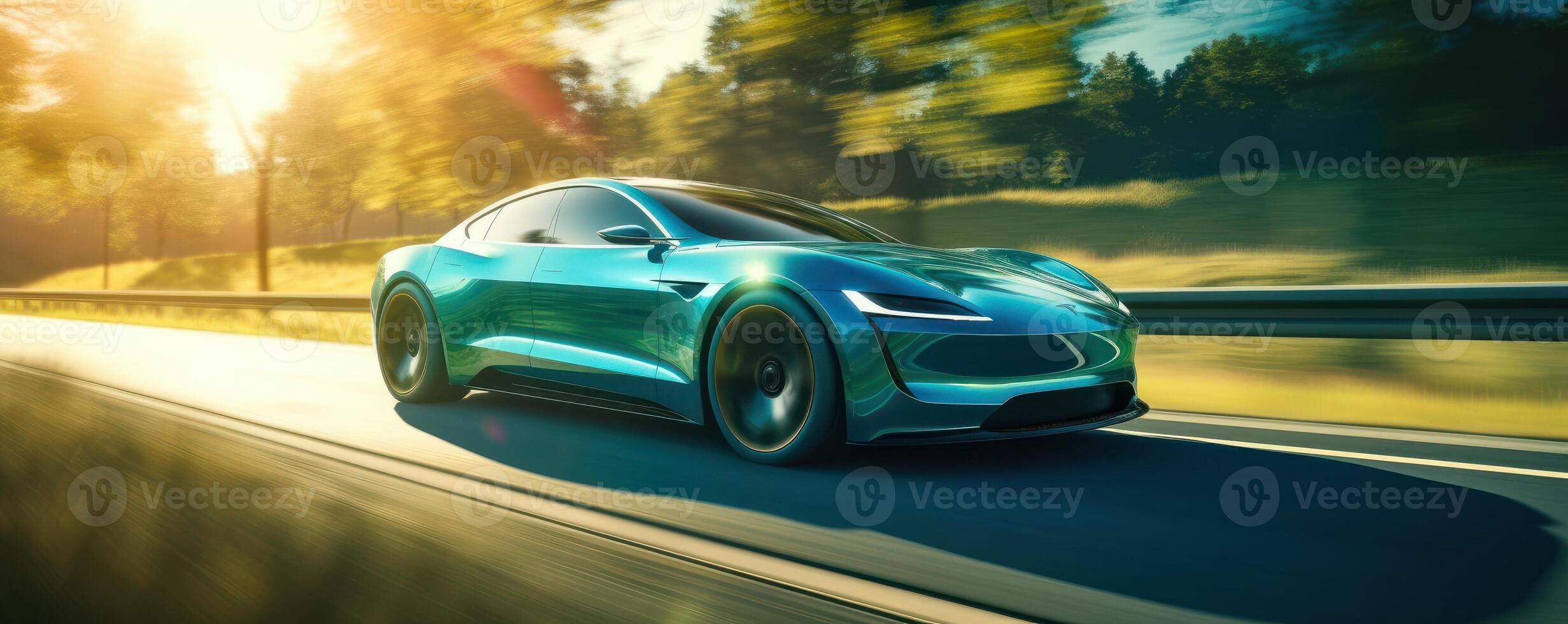 Electric Car driving on the road with green nature and blue sky motion blur background. photo