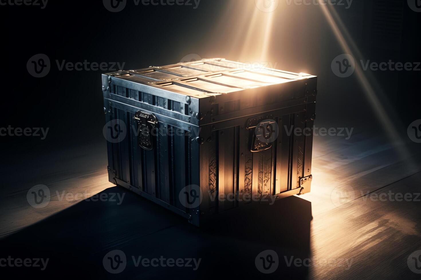 Mysterious pandora box opening with rays of light high contrast image 3d rendering illustration . photo