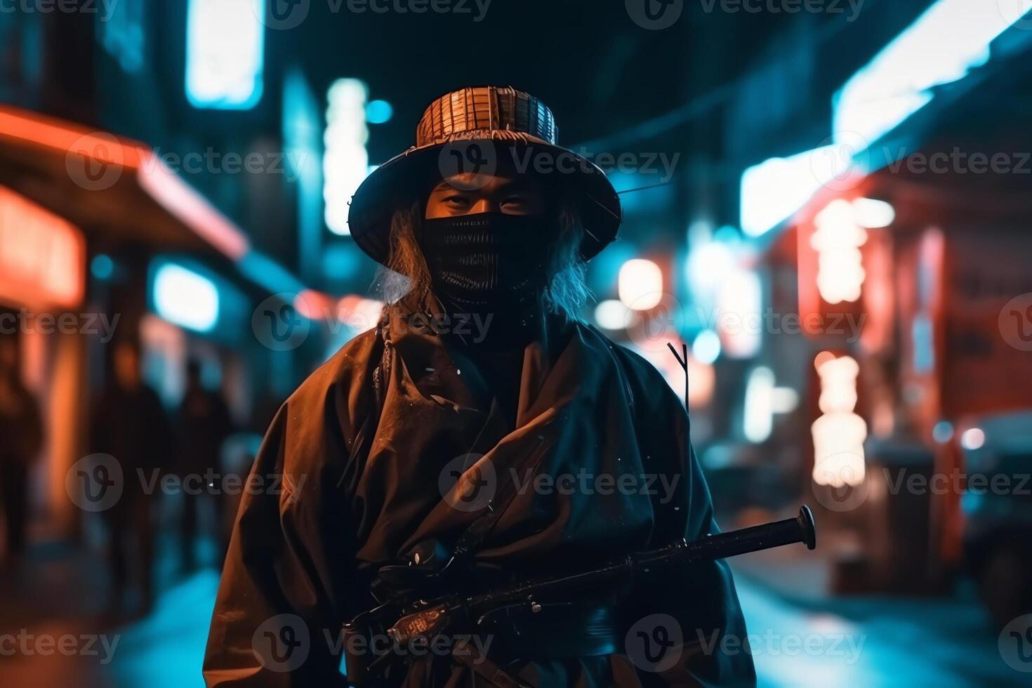 Armed samurai and japanese street with blurred neon lights at night on background. photo
