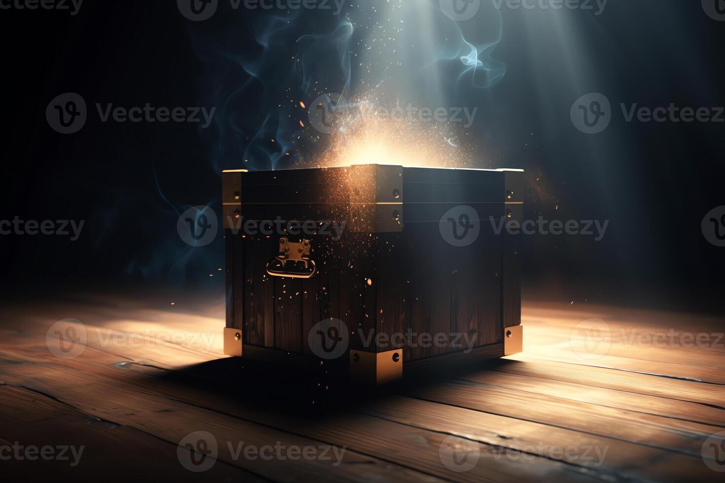 misterioso Pandora caja apertura con rayos de ligero alto contraste imagen 3d representación ilustración . ai generado foto