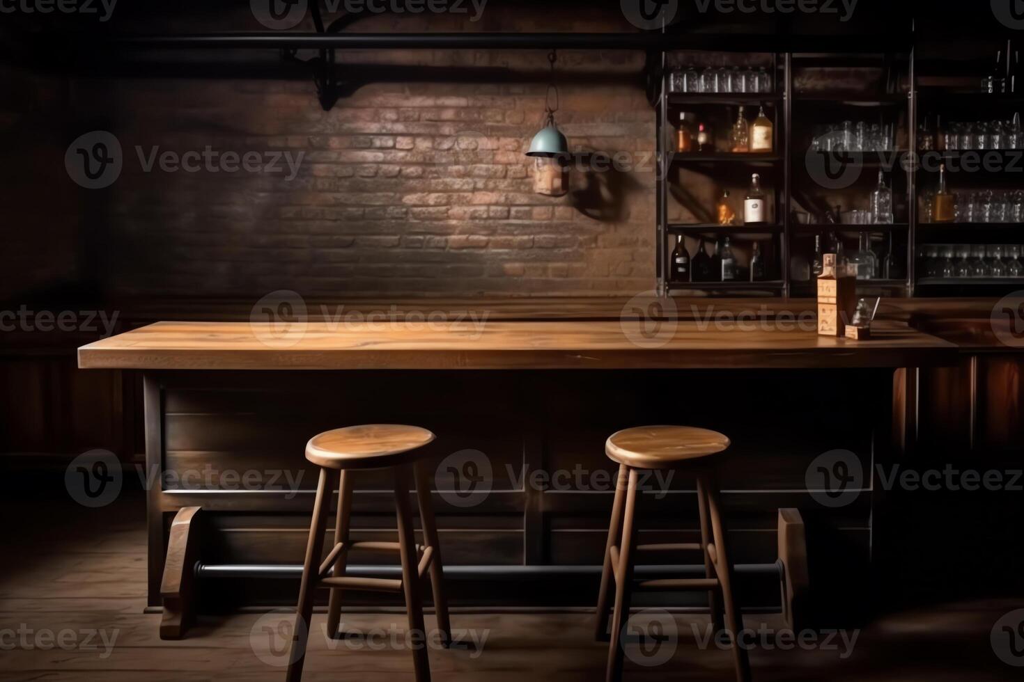 Pub bar counter with wooden table background. photo