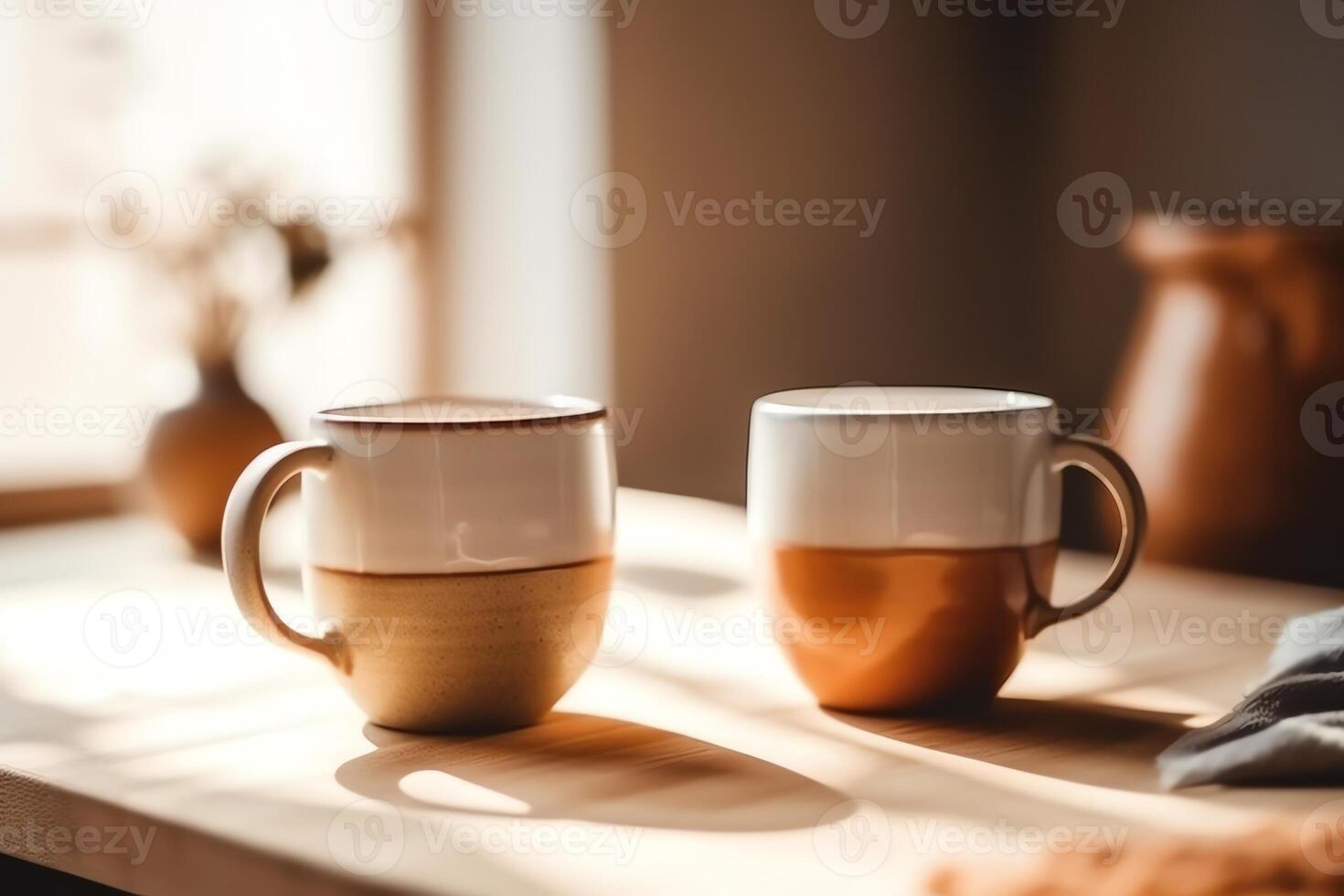 Brown and white coffee mugs on wooden table cozy cute design in lovely home background space text. photo