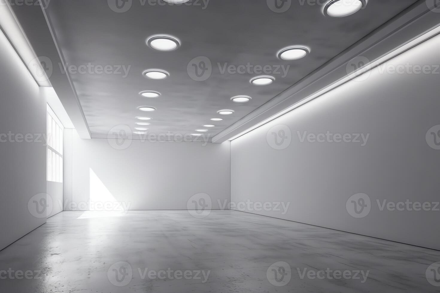 Empty white room with spotlights in the ceiling gallery or modern interior template 3d illustration. photo