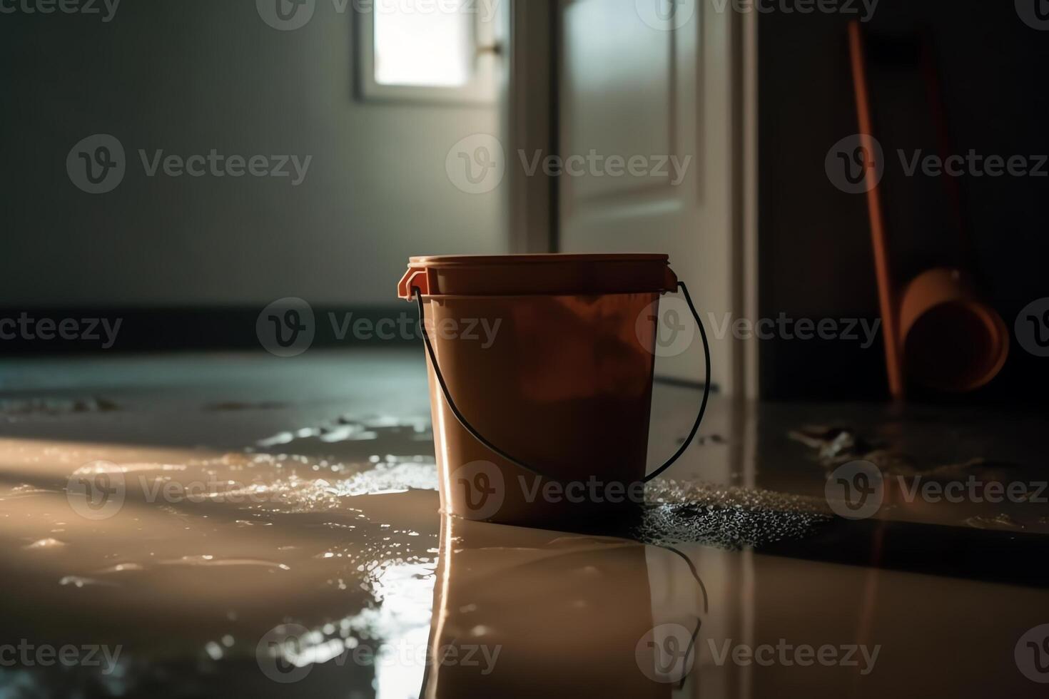 Cubeta con multitud en inundado sótano o eléctrico habitación limpieza arriba un montón de agua en piso desde múltiple fugas en pared y techo agua dañar desde lluvia deshielo o tubo explosión. ai generado foto