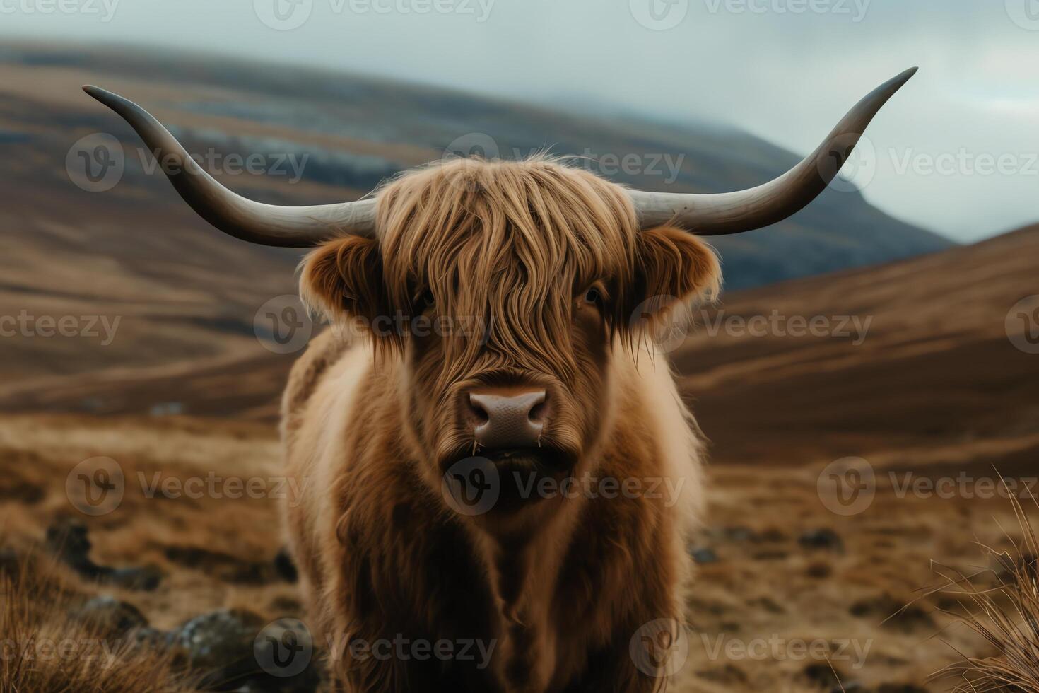Lowangle view of a fluffy highland cow with long horns a mountain is out of focus in the distance. photo