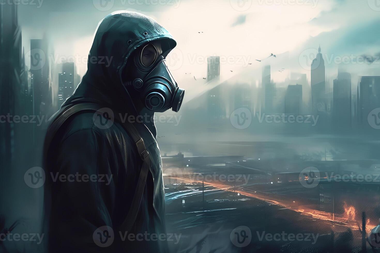 Illustration of man with gas mask and hood futuristic city in the background. photo