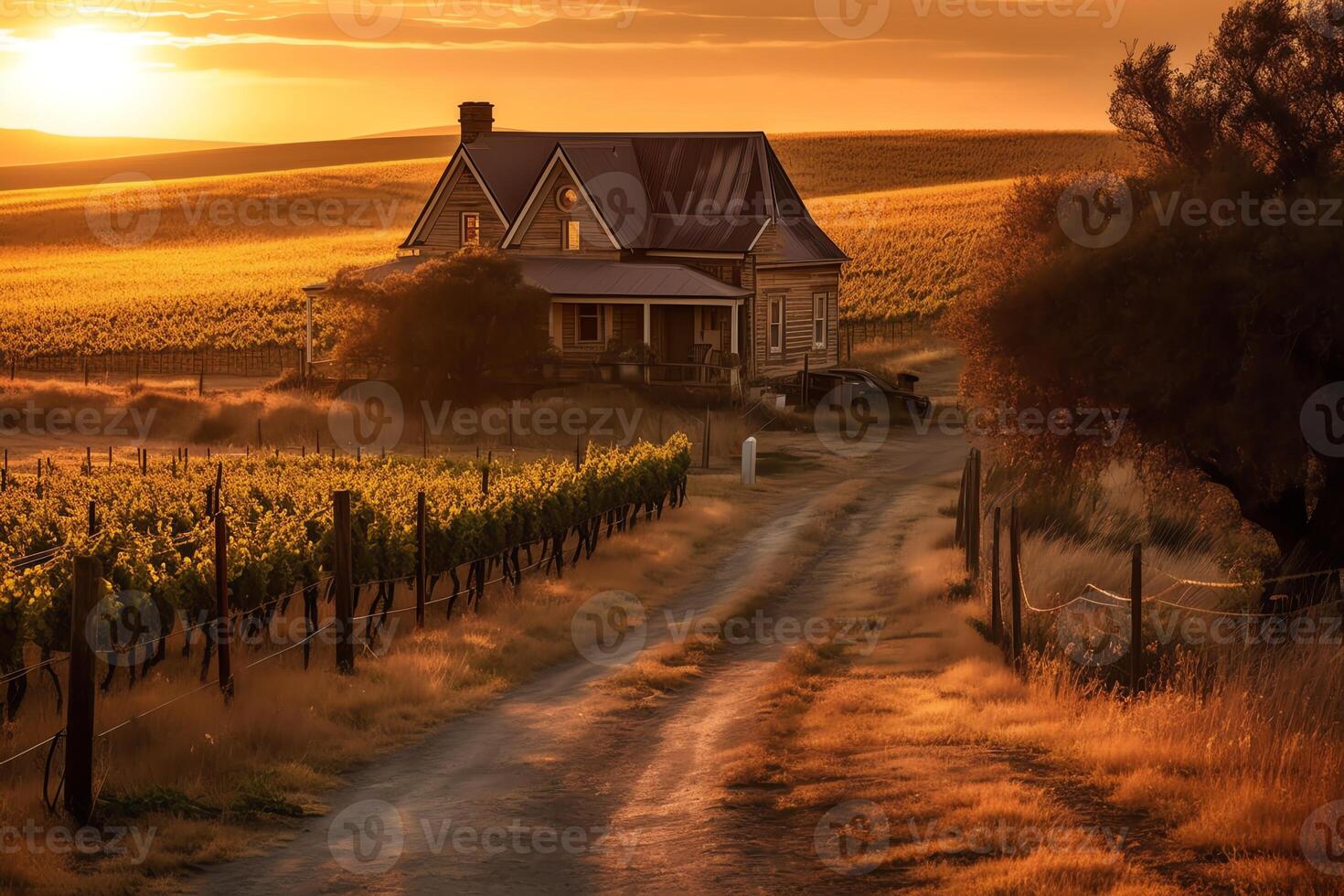 Idyllic farmhouse on rural vineyard glows golden sunset. photo