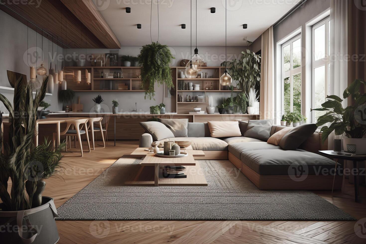 Com table and casual living room interior design with a large sectional natural wood accents and indoor plants. photo