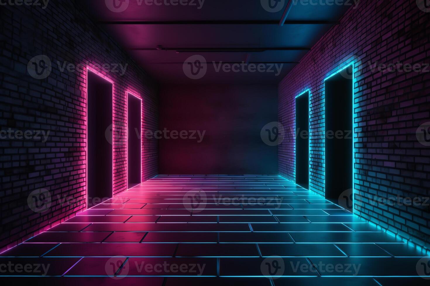 Dark sci fi modern futuristic empty grunge brick wall room purple blue pink glowing lights concrete floor neon vertical line light shapes empty space 3d rendering. photo