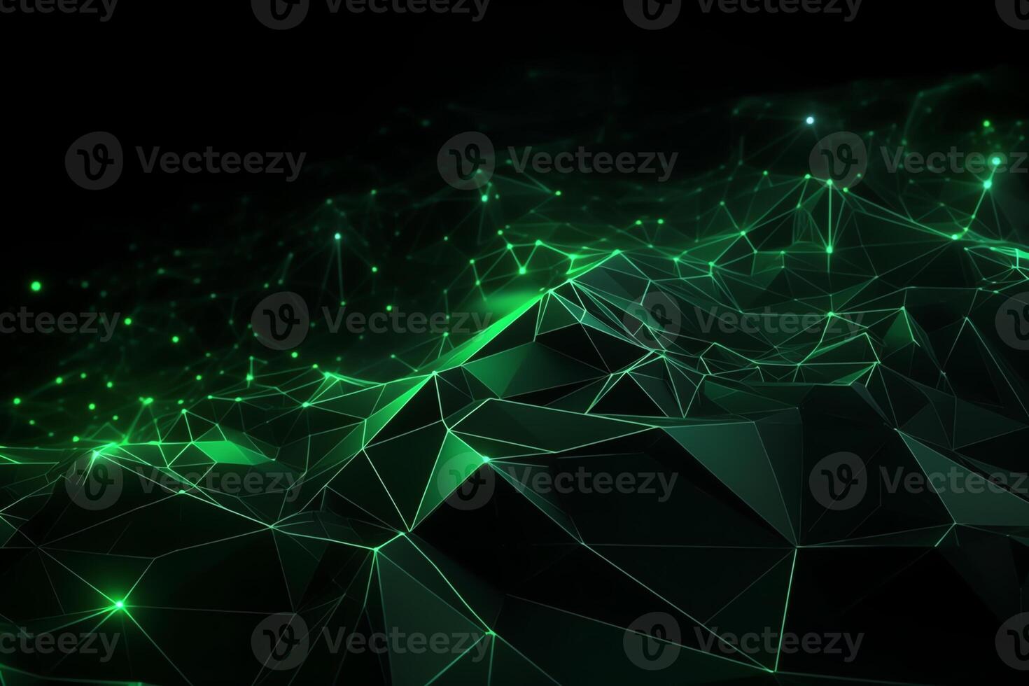 Network technology background futuristic tech black background low poly green wave 3d wire illustration. photo